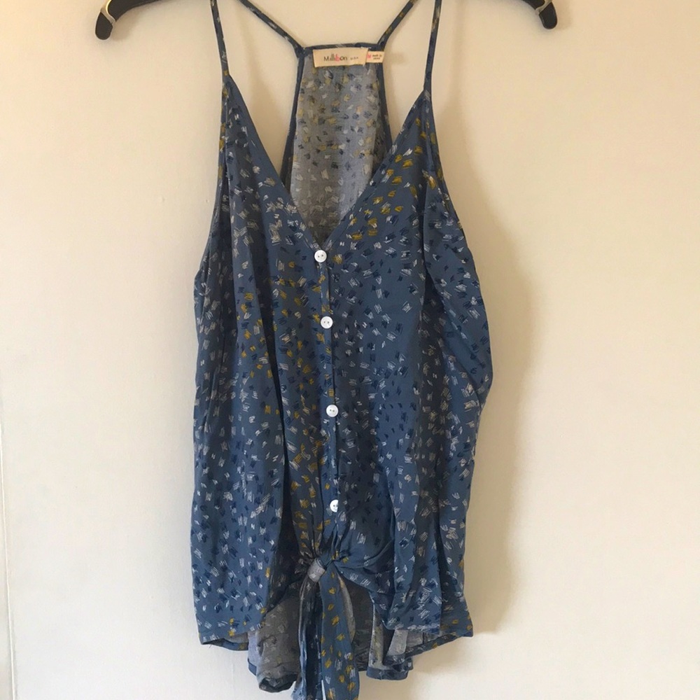 Blue patterned tank with buttons & tie front